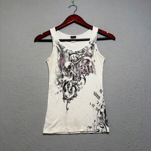 Skin Industries Tank Top Women Small White Skull Graphic Y2K Distressed Ribbed